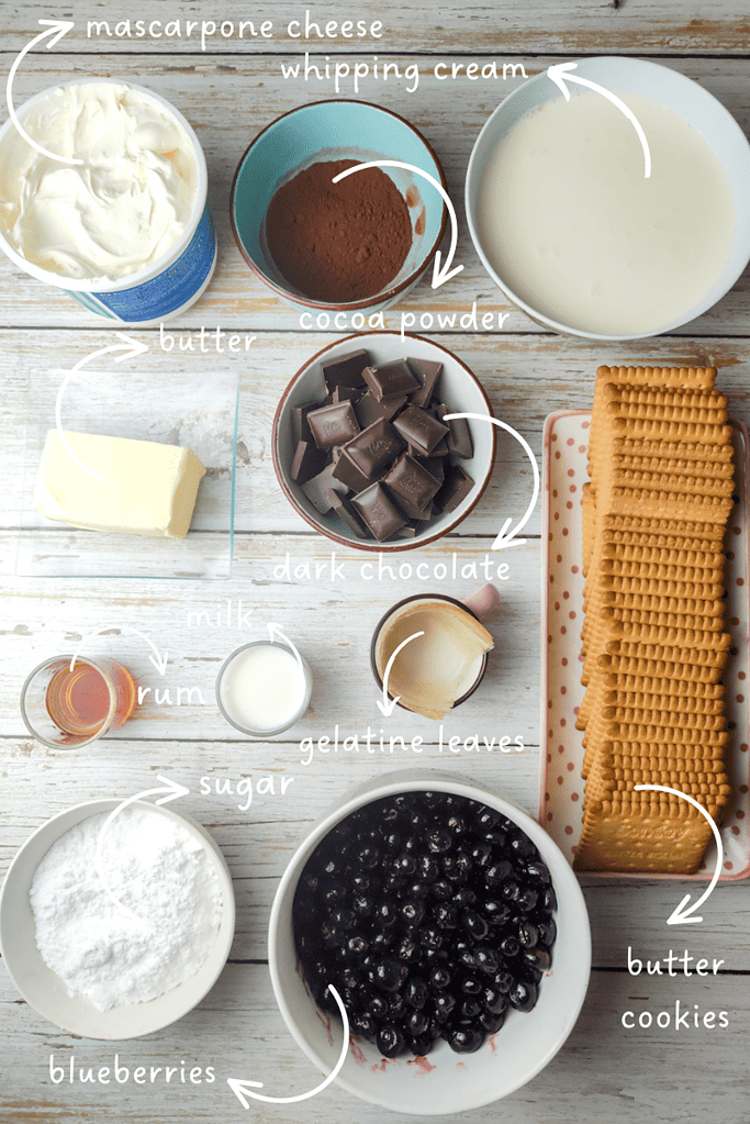 ingredients for blueberry chocolate cake
