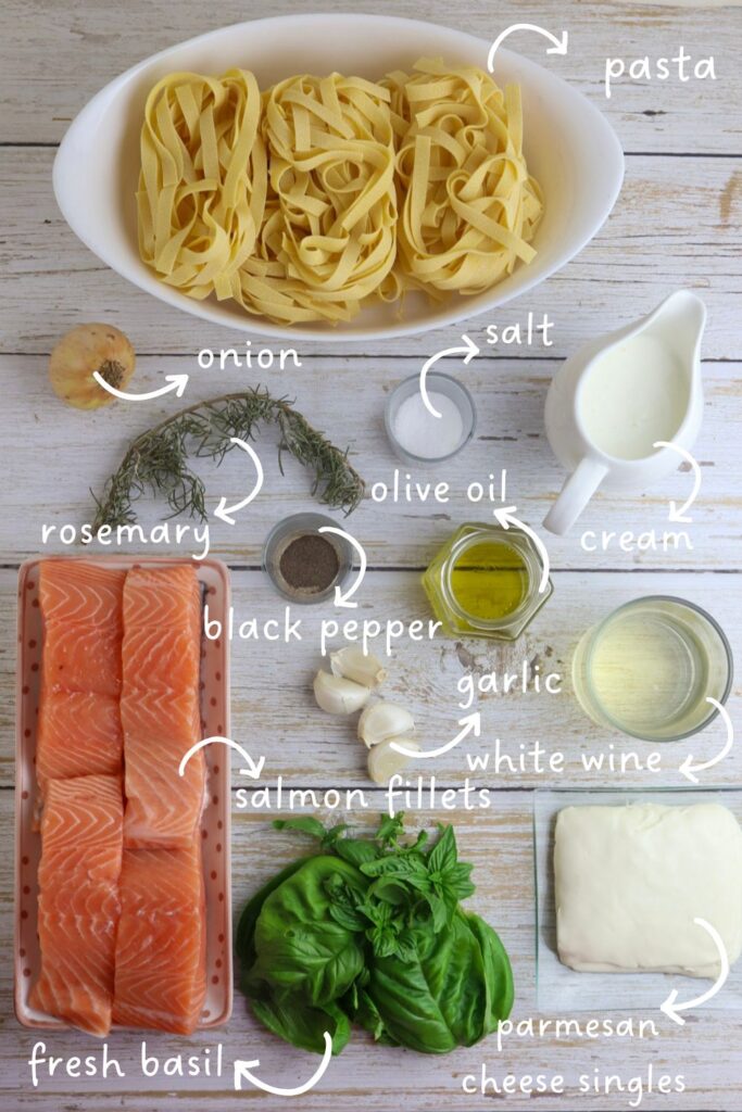 ingredients for pasta alla salmone: tagliatelle, salmon, basil, olive oil, butter, salt, garlic, black pepper.