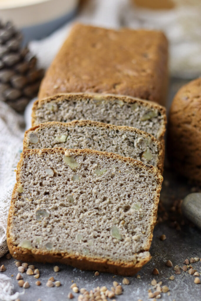 buckwheat flour bread with walnuts sliced and served 