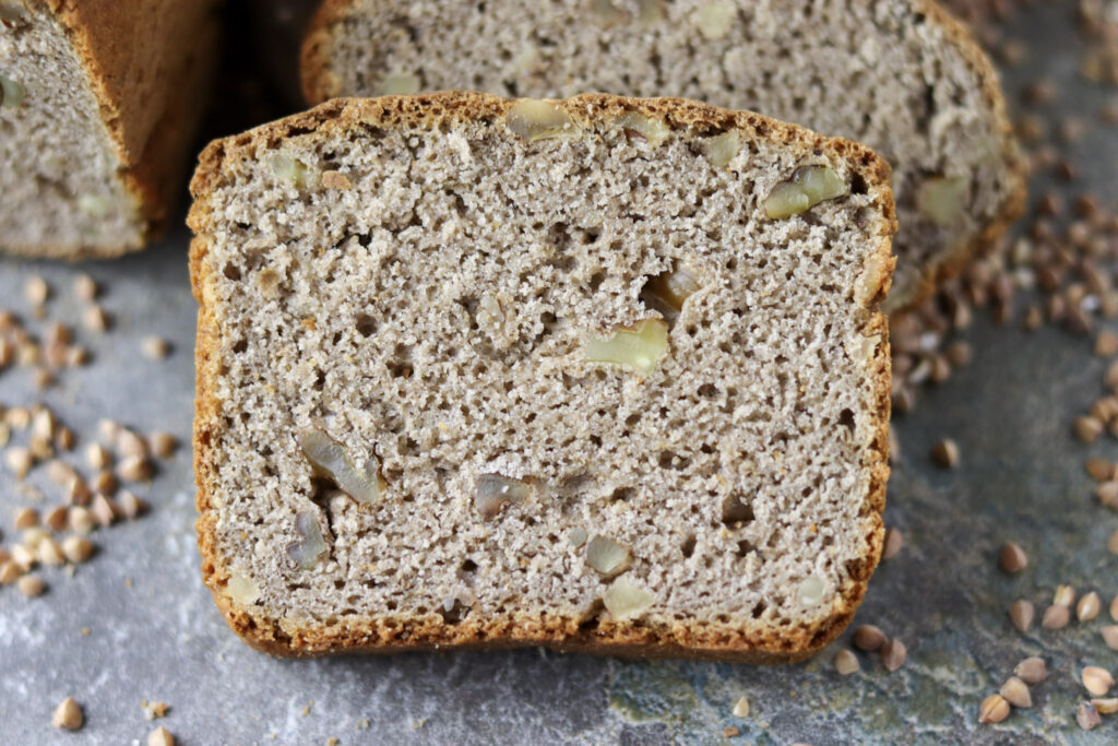 slice of buckwheat bread with walnuts 