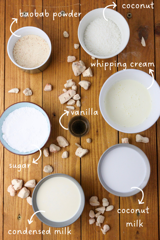 gathering ingredients for baobab ice cream: baobab powder, coconut milk, condensed milk and whipping cream 