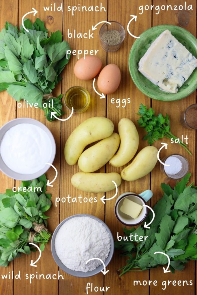 gathering ingredients for green gnocchi: wild spinach, potatoes, flour, salt, olive oil, butter, cooking cream and gorgonzola cheese