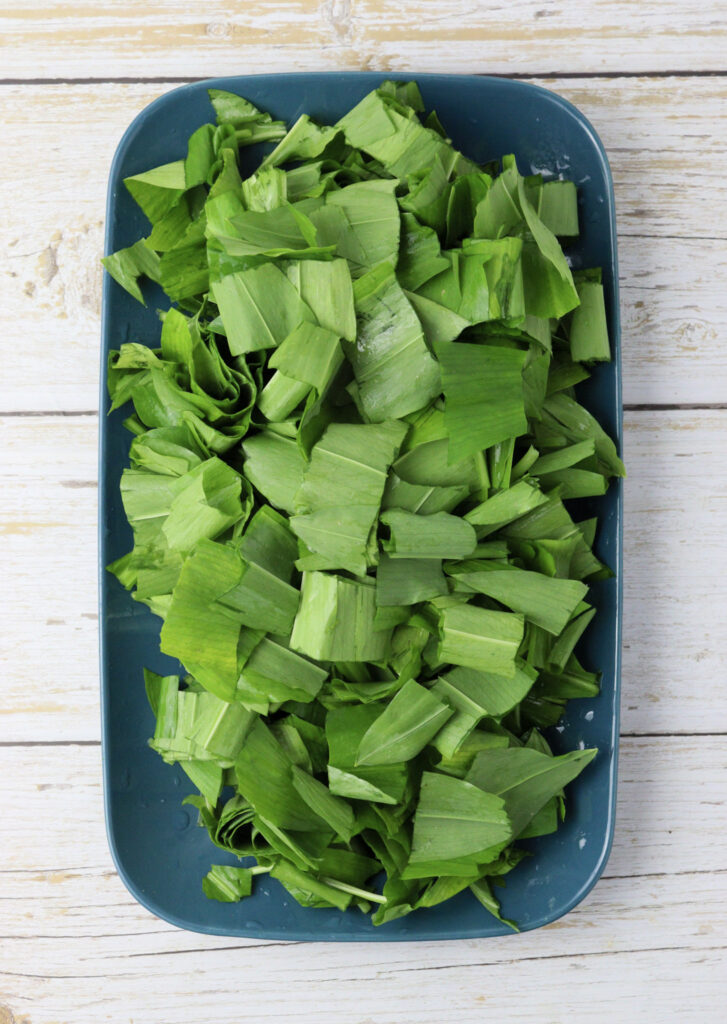 how to chop fresh green wild garlic leaves before blending them pasta dough