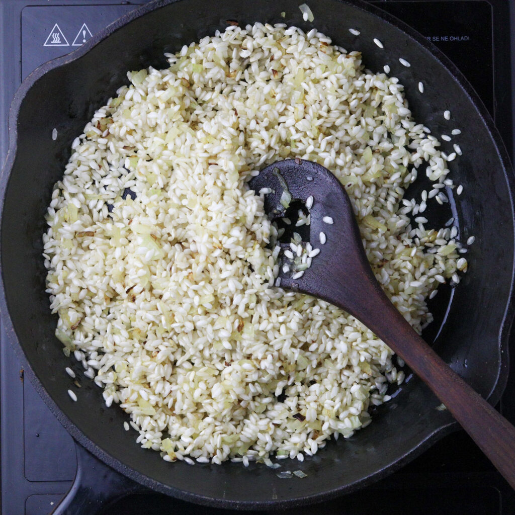 How to toast rice for wild garlic risotto.
