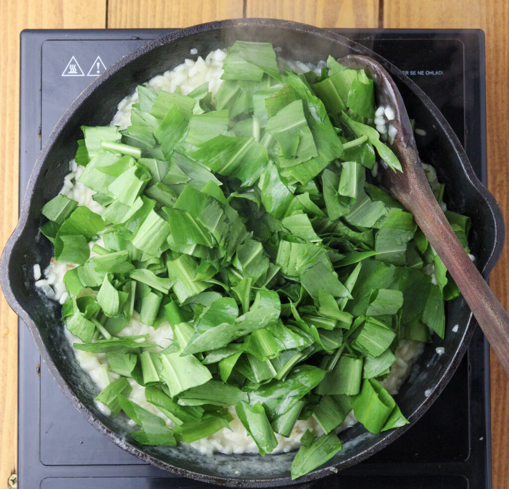 How to add chopped wild garlic to a risotto pan. 